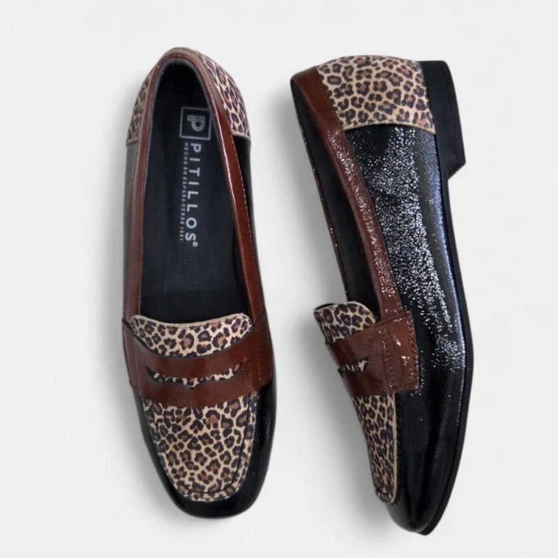Womens Pitillos 10870 Black Patent and Leopard Print Loafers - Black Patent