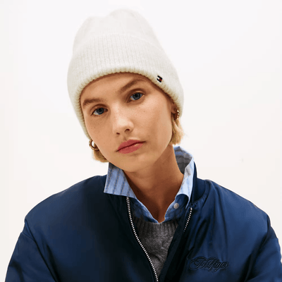 Womens Tommy Hilfiger Flag Fluffy Beanie Hat - Whisper Grey