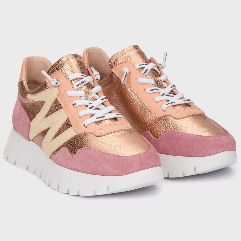 Womens Wonders A-24101 Elastic Lace Trainers - Pink and Rose Gold