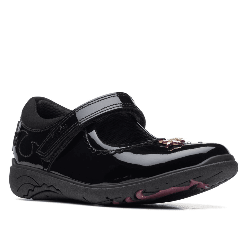 Junior Clarks Girls Relda Sea Black Patent School Shoes - Black Patent