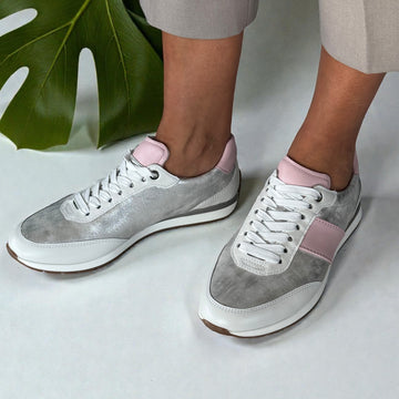 Womens Ara Portofino Dusty White Silver and Pink Lace Up Trainers - Dusty White and Pink