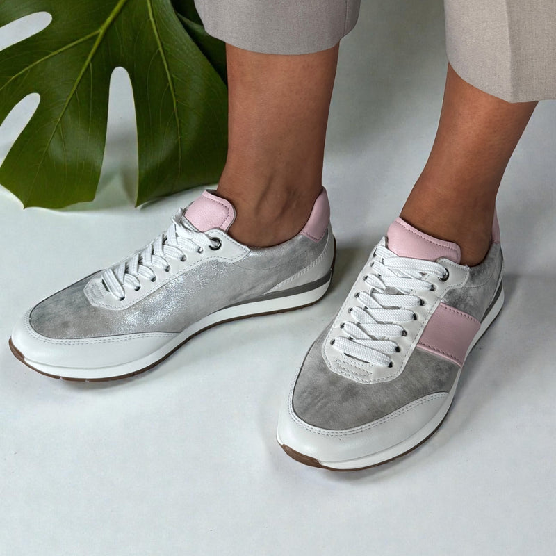 Womens Ara Portofino Dusty White Silver and Pink Lace Up Trainers - Dusty White and Pink