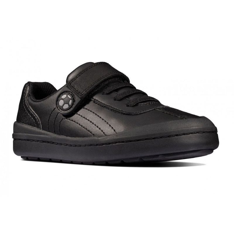 Junior Clarks Rock Pass Boys Velcro School Shoe - Black Leather - Black