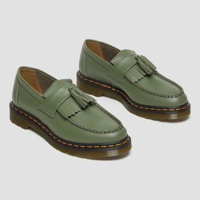 Unisex Dr. Martens Adrian Yellow Stitch Khaki Smooth Leather Loafers - Khaki