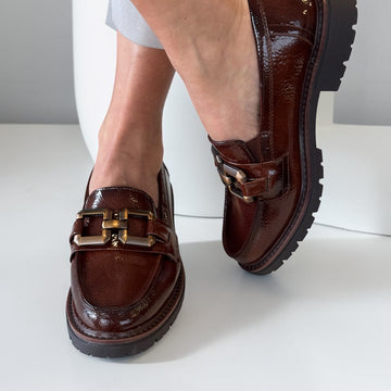 Womens Jana 24764 Cognac Patent Platform Loafer - Cognac Patent