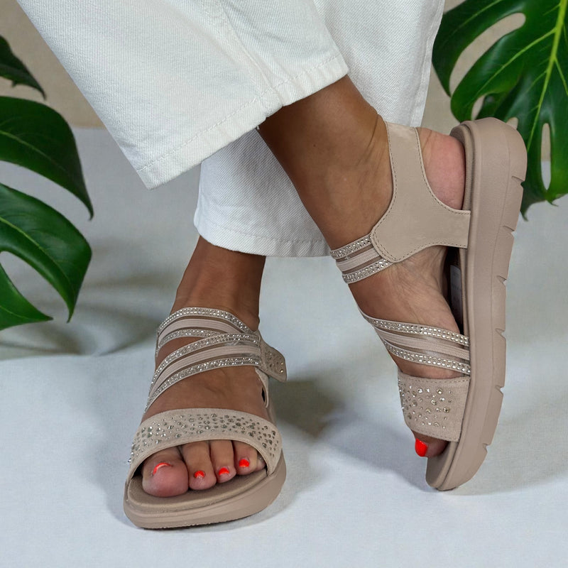 Womens Jana 28771 Diamante Diagonal Strap Comfort Sandals - Powder