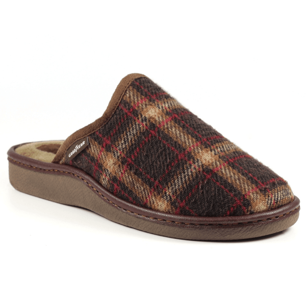 Goodyear Mens Frank Brown Check Mule Slippers - Brown