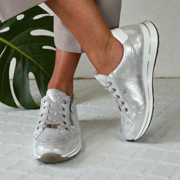 Womens Ara Osaka Silver and White Metallic Lace and Side Zip Trainers - Dusty White