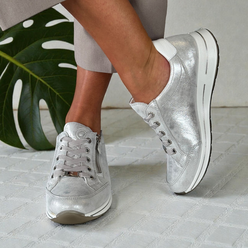 Womens Ara Osaka Silver and White Metallic Lace and Side Zip Trainers - Dusty White