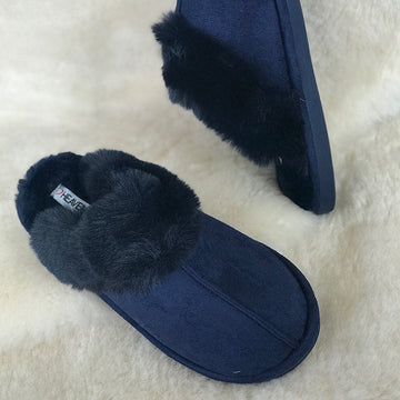 Womens Heavenly Feet Fireside Fur Mule Slippers - Navy