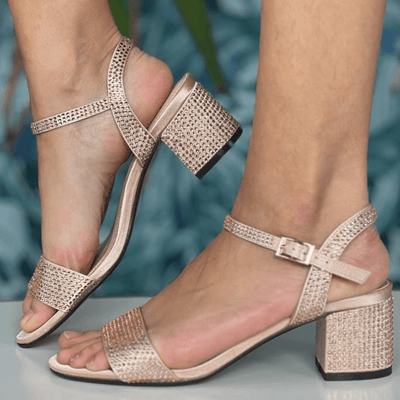 Womens Glamour Adele Diamante Low Block Heels - Rose Gold