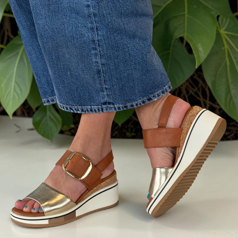 Womens Redz CF024 Velcro Buckle Strap Wedge Sandals - Tan