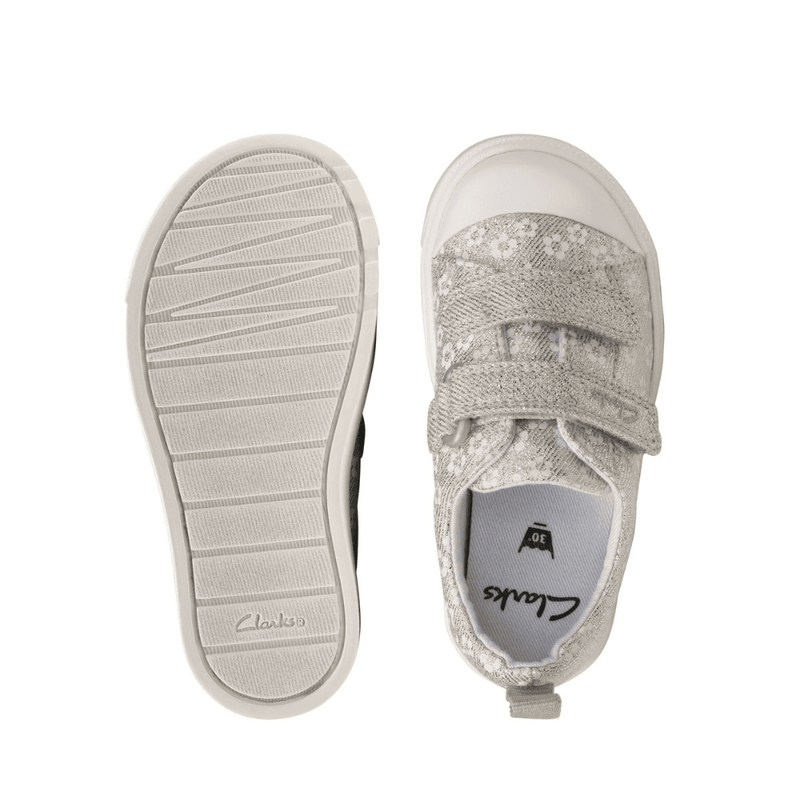 Infant Clarks Girls City Bright Silver Floral Glitter Canvas Shoe - Silver