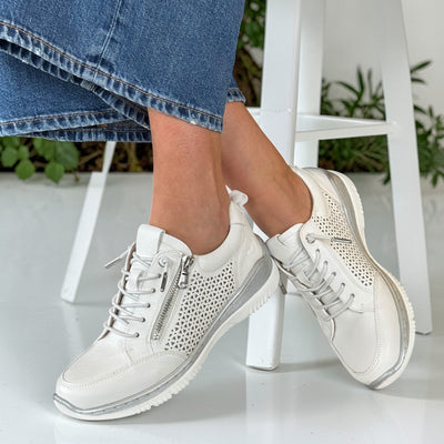Womens Susst Astrid White Trainer with Side Zip - White