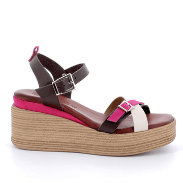 Womens Igi & Co Dark Brown and Pink Leather Wedge Sandals - Dark Brown