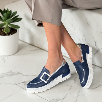 Womens Jose Saenz 2017 Navy And Silver Buckle Detail Loafer - Navy And Silver