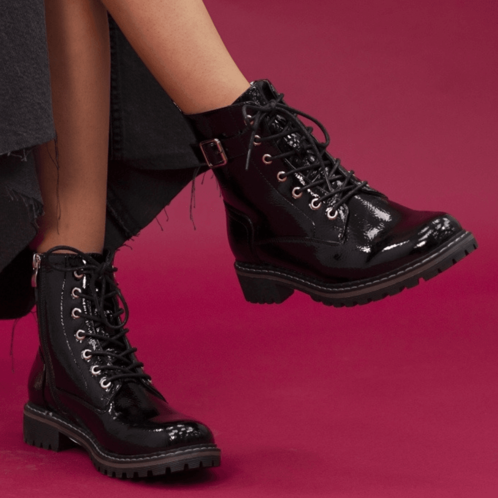 Womens Lunar Parlour Black Patent Lace Up Biker Boots