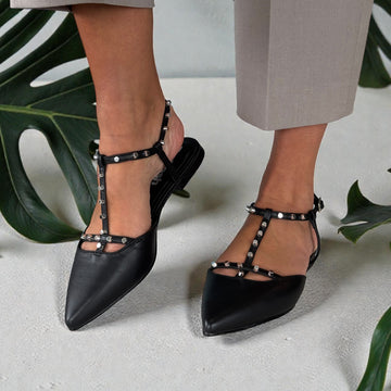 Womens Refresh 175070 T-Bar Rock Stud Ballerina Pumps - Black