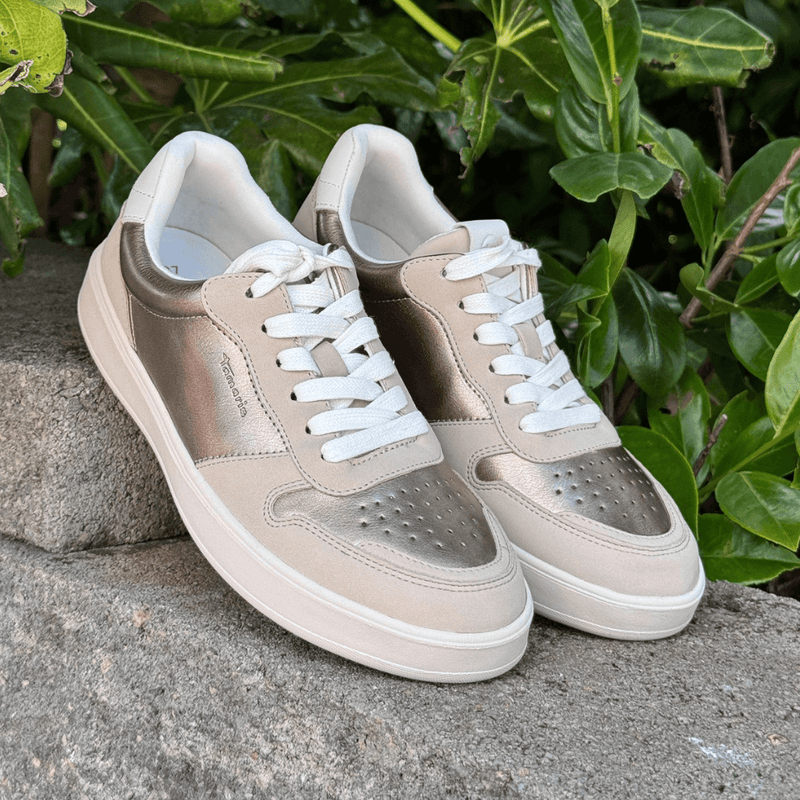 Womens Tamaris 23763 Beige with Gold Perforated Toe Trainers - Gold Comb