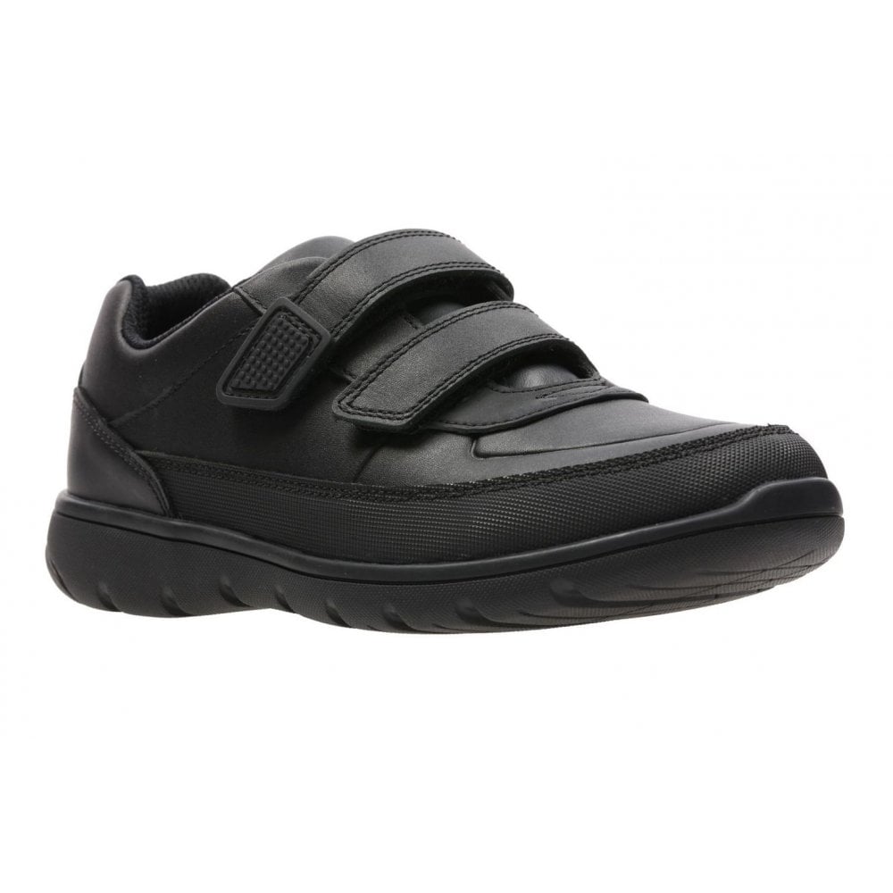Junior Clarks Venture Walk Boys Velcro School Shoe - Black Leather