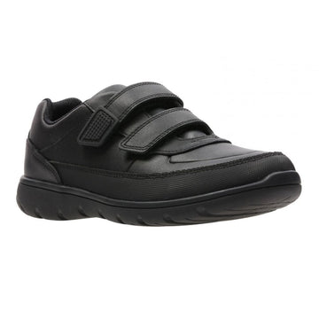 Junior Clarks Venture Walk Boys Velcro School Shoe - Black Leather - Black