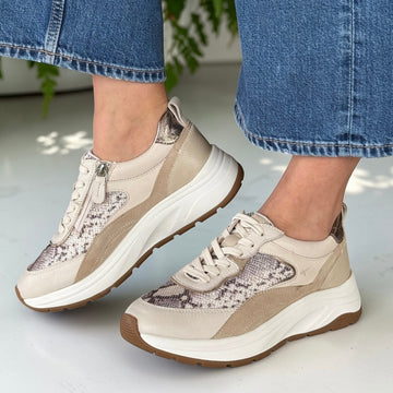 Womens Tamaris 23718 Beige and Snake Print Trainers - Beige Snake