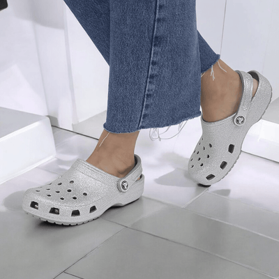 Womens Crocs Classic Clogs - Silver Glitter