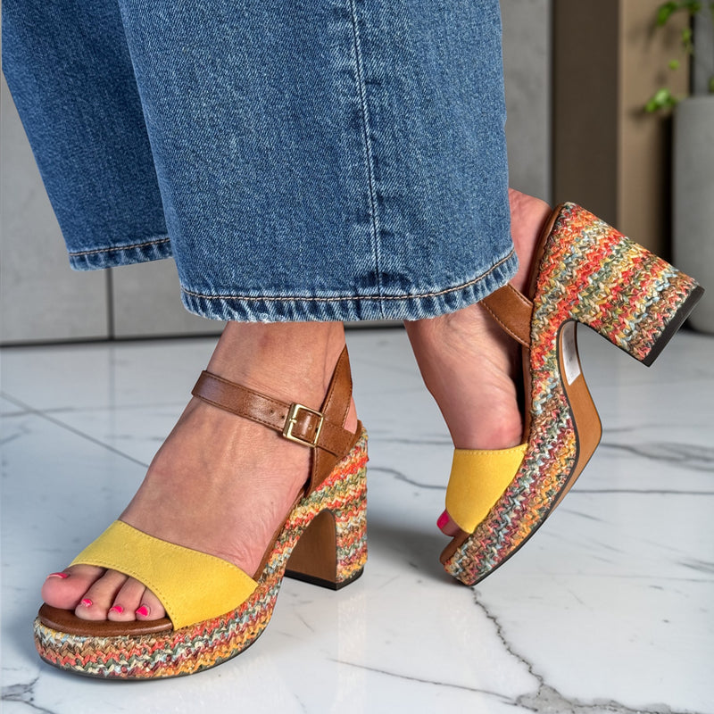 Womens Marco Tozzi 28008 Lemon Multi Raffia Platform Sandals - Lemon Comb