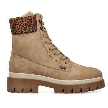 Womens Rieker Z9430 Beige with Leopard Cuff Water Resistant Ankle Boots - Beige Gold