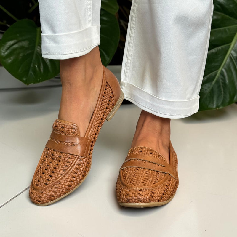 Womens Marco Tozzi 24232 Woven Flat Loafers - Tan