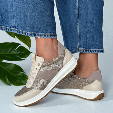 Womens Ara Osaka Taupe and Gold Snake Print Inside Zip Trainers - Beach Cashmere