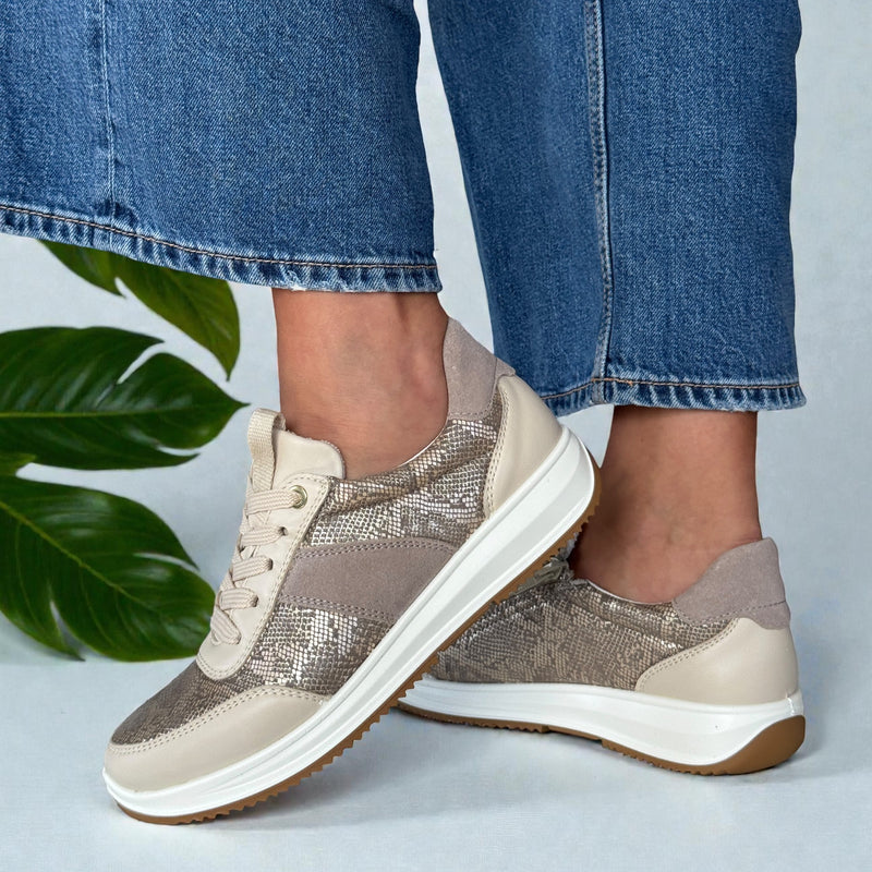 Womens Ara Osaka Taupe and Gold Snake Print Inside Zip Trainers - Beach Cashmere