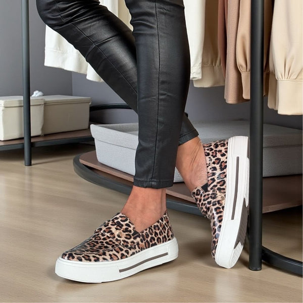 Womens Caprice 24751 Leopard Patent Sporty Loafers - Beige