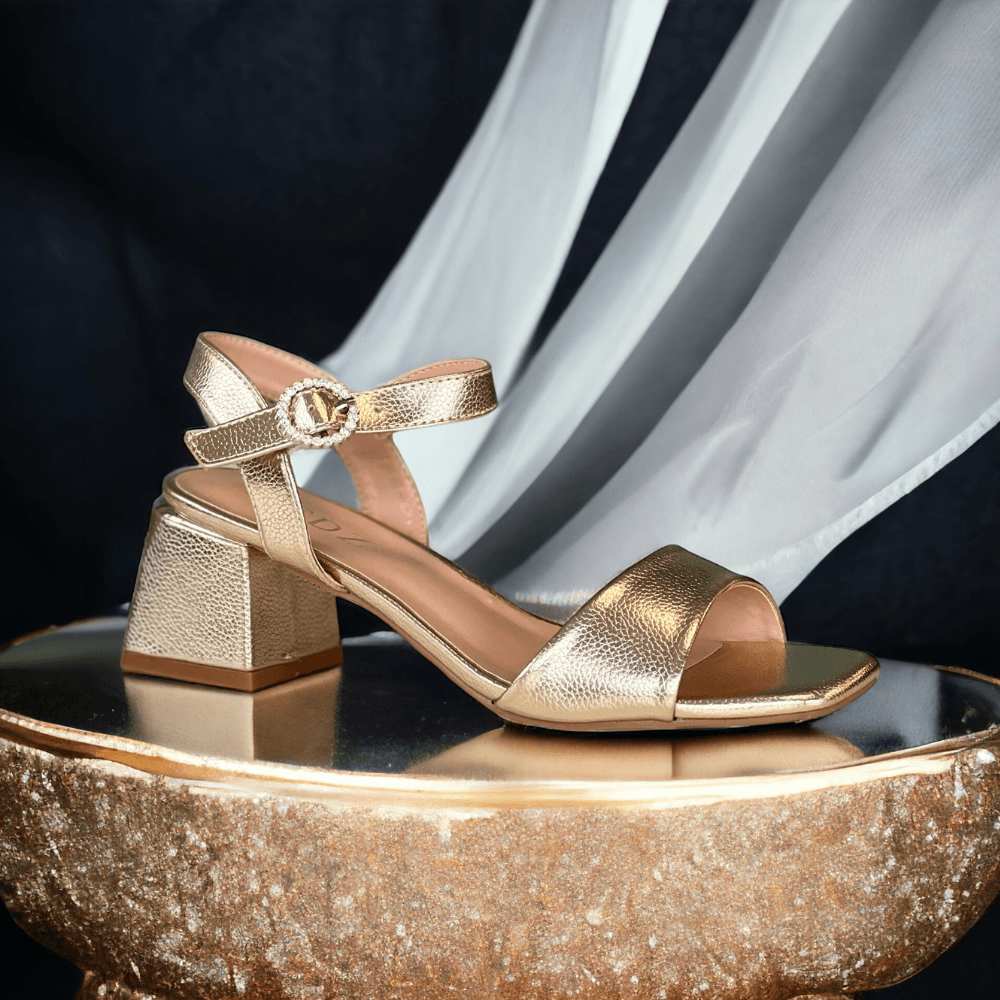 Womens Redz LTS10536 Gold Diamante Buckle Block Heel Sandals