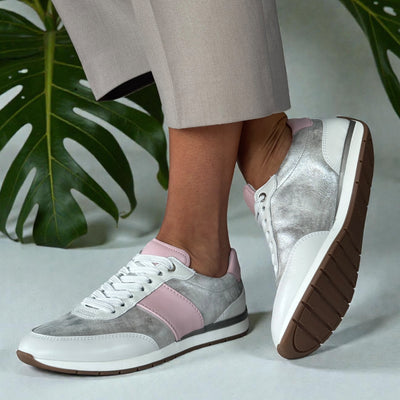 Womens Ara Portofino Dusty White Silver and Pink Lace Up Trainers - Dusty White and Pink
