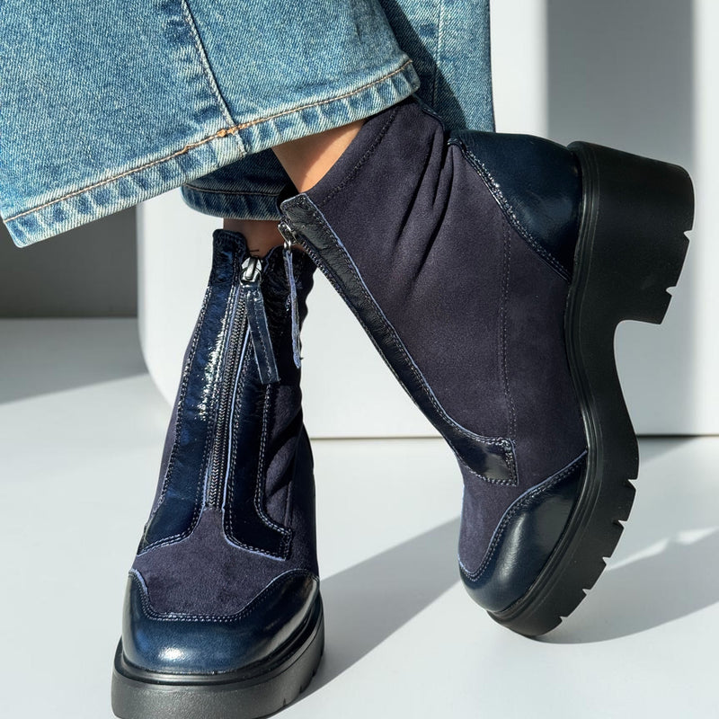Womens Unisa Jandro Front Zip Ankle Boots - Navy