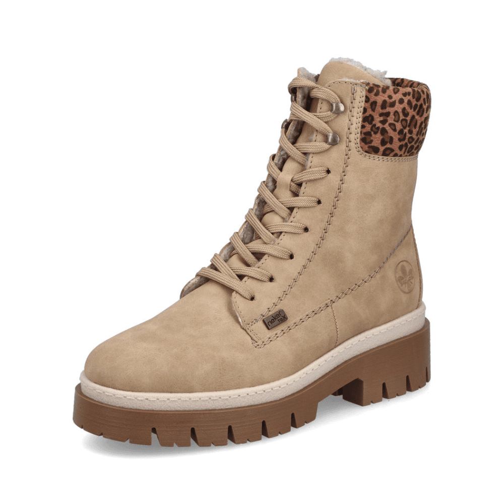 Womens Rieker Z9430 Beige with Leopard Cuff Water Resistant Ankle Boots