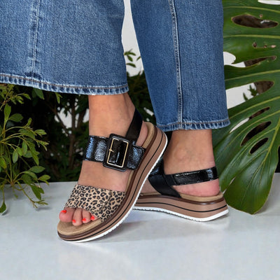 Womens Remonte D1J53 Black and Leopard Print Velcro Flatform Sandals - Black
