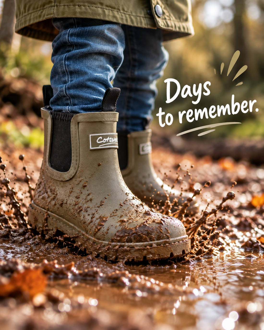Close-up of khaki Cotswold wellies in the mud. Days to remember.