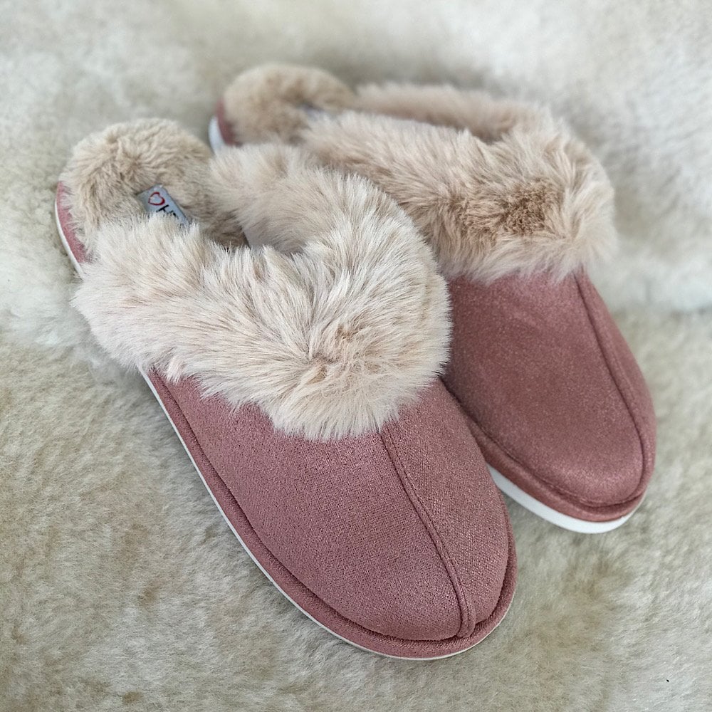Womens Heavenly Feet Fireside Pink Fur Mule Slippers