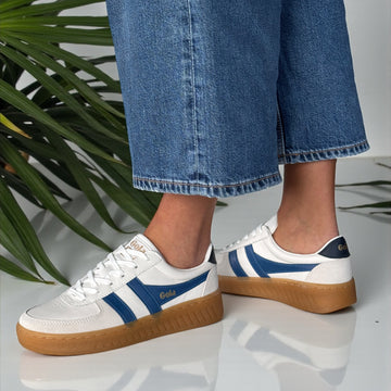 Womens Gola Grandslam Elite White Blue and Navy Gumsole Trainers - White