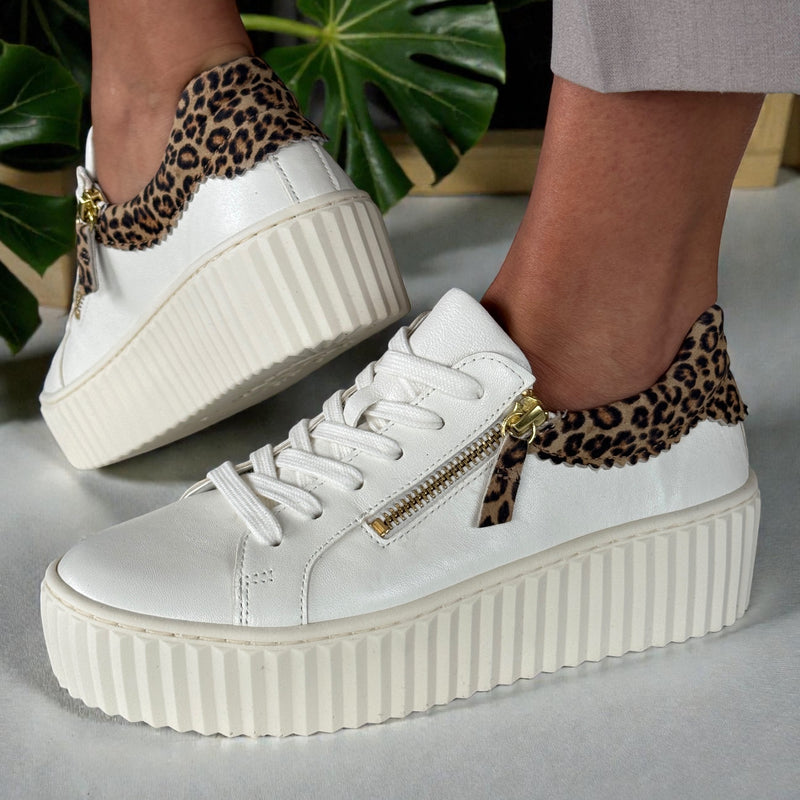 Womens Gabor 83.200 White and Leopard Platform Side Zip Trainers - White