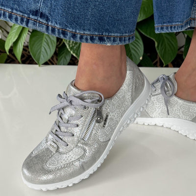 Womens Rieker 59501 Silver Floral Soft Leather Side Zip Shoes - Silver