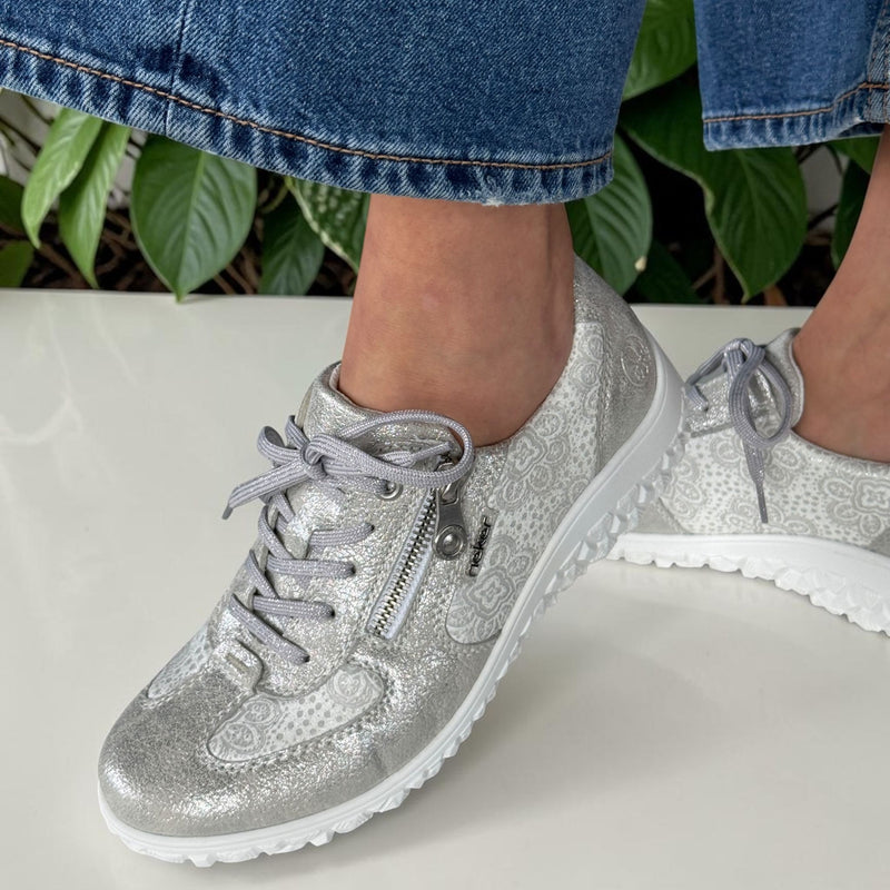 Womens Rieker 59501 Silver Floral Soft Leather Side Zip Shoes - Silver