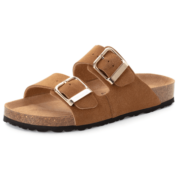 Womens Tamaris 27503 Double Buckle Sliders - Cognac Nubuck
