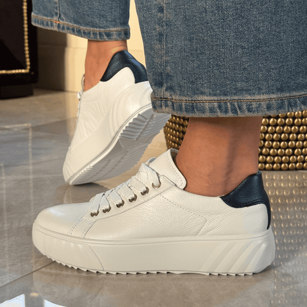 Womens Ara Monaco Platform Sole Leather Trainers - White and Navy