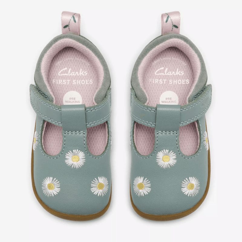 Infant Girls Clarks Roamer Flora Floral T-Bar Velcro Strap Pre Walker Shoes - Green Combi
