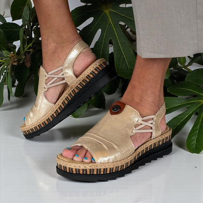 Womens Rieker V7972 Beige Wedge Sandal - Beige Gold