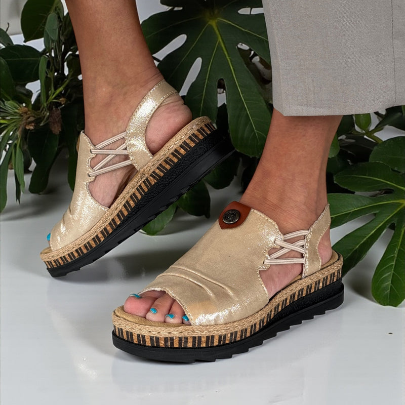 Womens Rieker V7972 Beige Wedge Sandal - Beige Gold