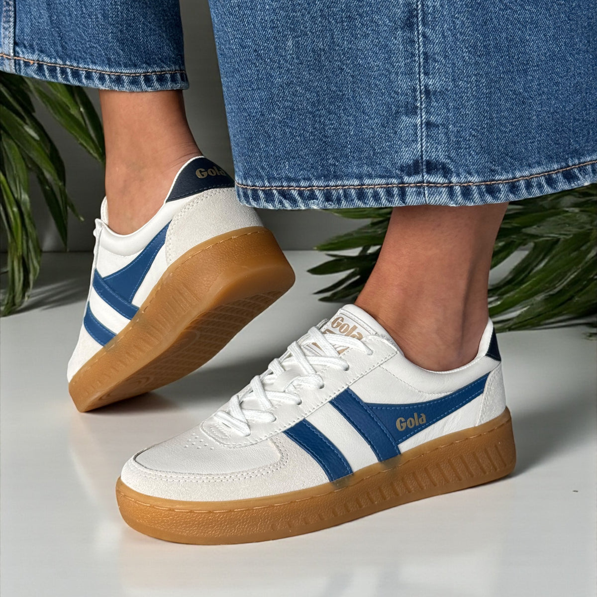 Womens Gola Grandslam Elite White Blue and Navy Gumsole Trainers